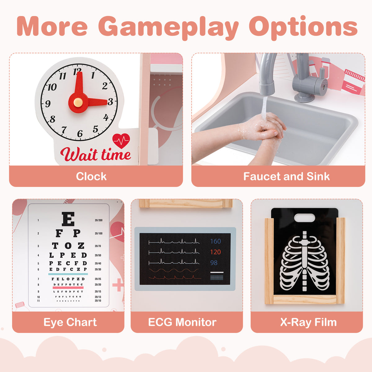 The wooden doctor's play set shows a clock, sink, eye chart, ECG monitor and X-ray film