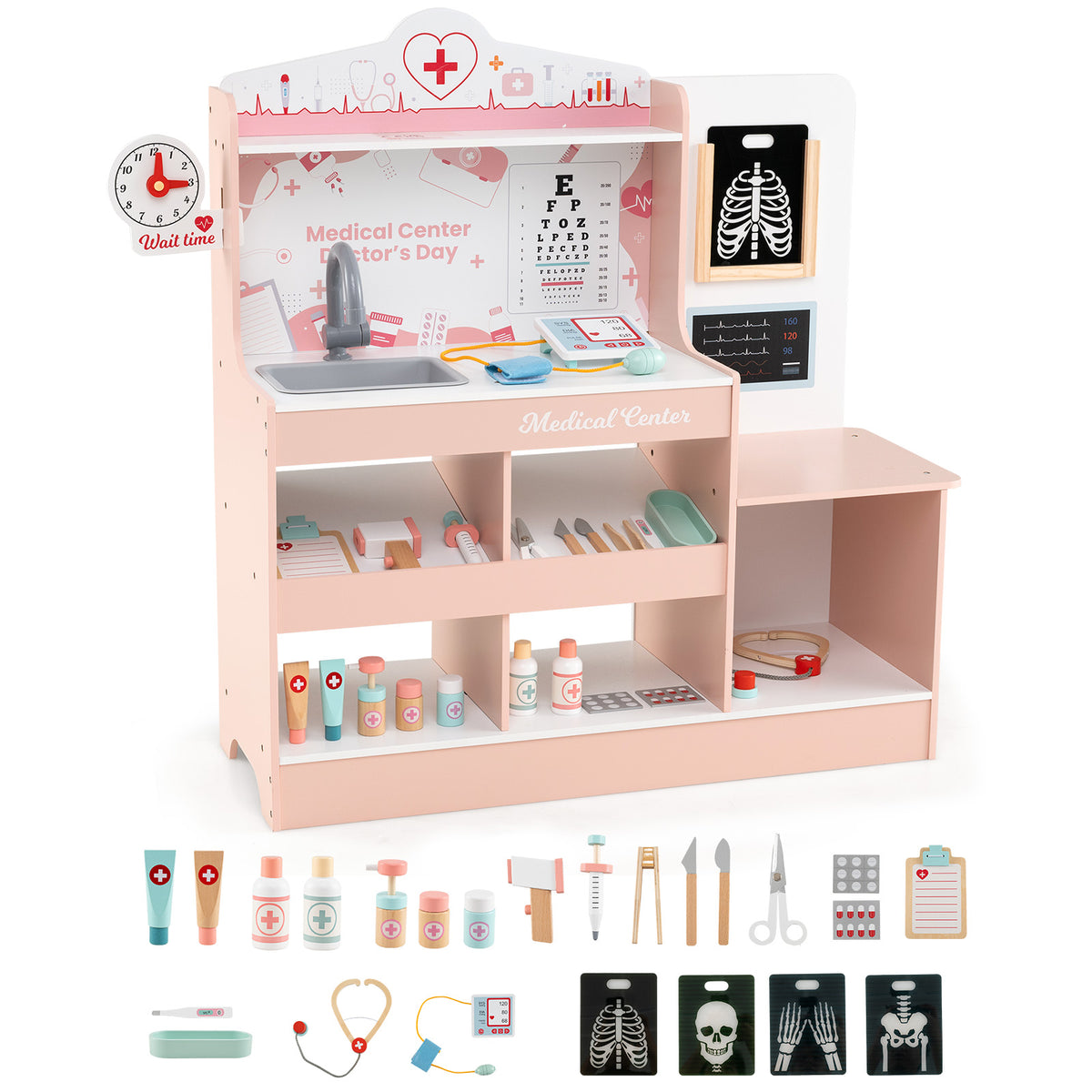 Wooden Doctor Play Set Kids Medical Center with storage and accessories laid out