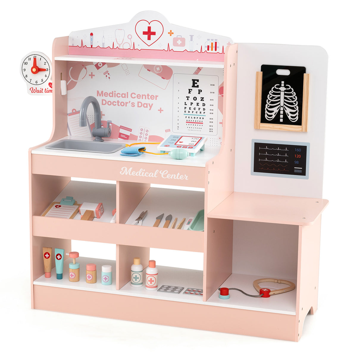The pink wooden medical centre with various accessories on shelves