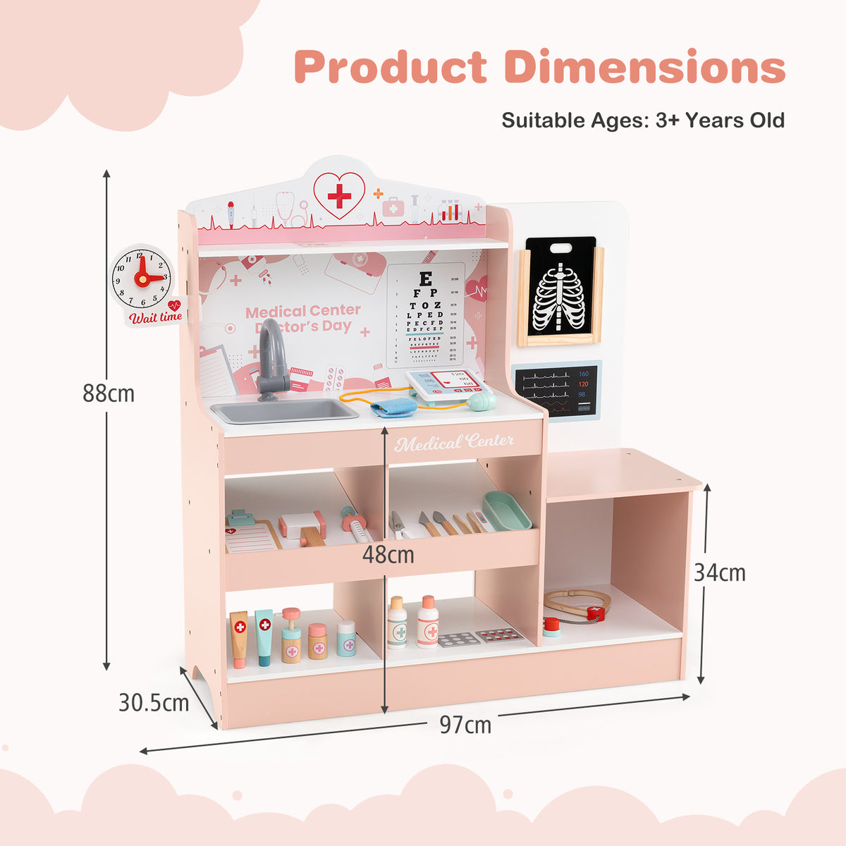 Pink wooden doctor's play centre with dimensions shown