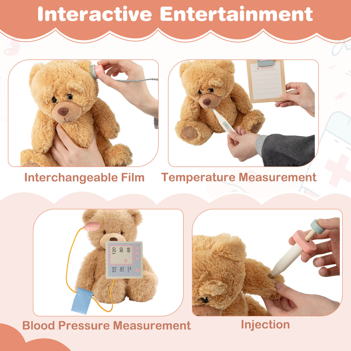 Teddy bear playing doctor with various medical accessories