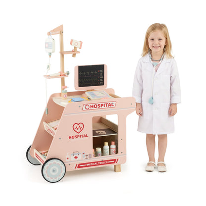 Wooden Doctor Playset Pretend Play Doctor Kit with Cart a pink medical trolley with a child standing next to it