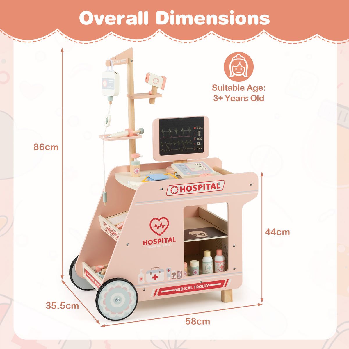 Dimensions of the pink wooden doctor's trolley showing height, width and depth