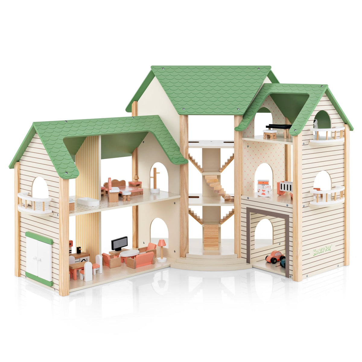 Wooden Dollhouse with 36 Pieces Accessories, a large green roofed playhouse with multiple rooms and furniture