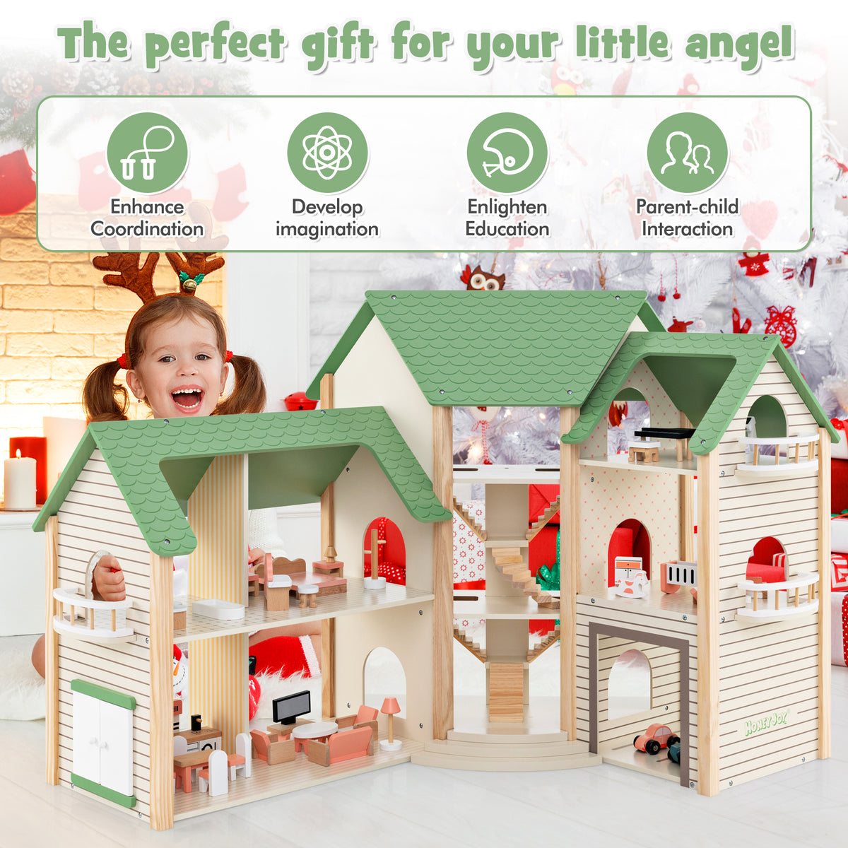 The green roofed wooden dollhouse is shown with text overlay about its benefits