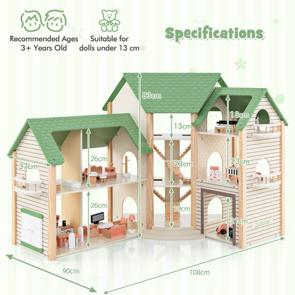 The green roofed wooden dollhouse with dimensions shown for each section