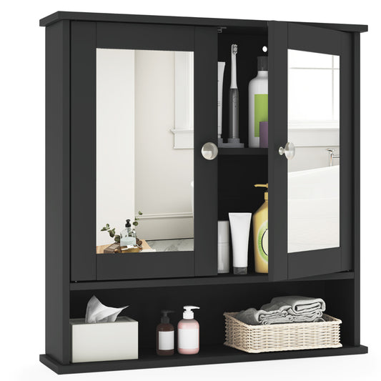 Wooden Hanging Medicine Organizer with Mirror and Adjustable Shelf with one door open showing items