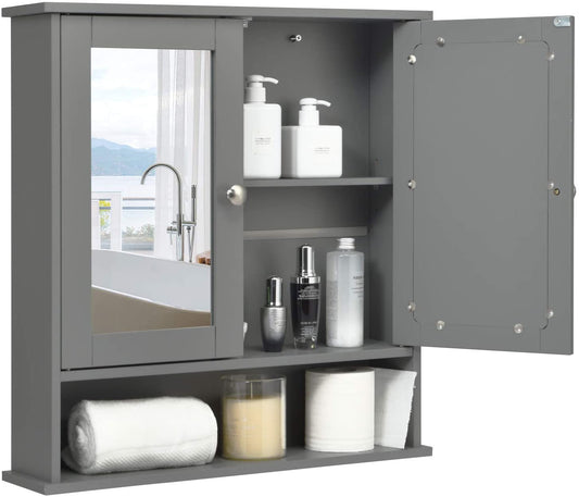 Wooden Hanging Medicine Organizer with Mirror and Adjustable Shelf in grey, showing the inside with shelves and products