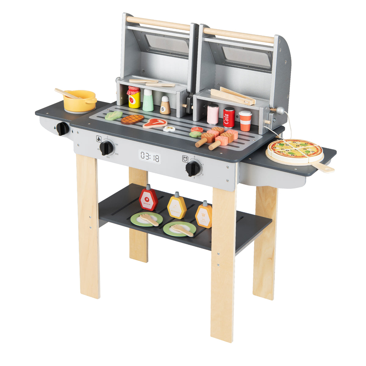 Close up of the wooden barbecue grill playset with food accessories