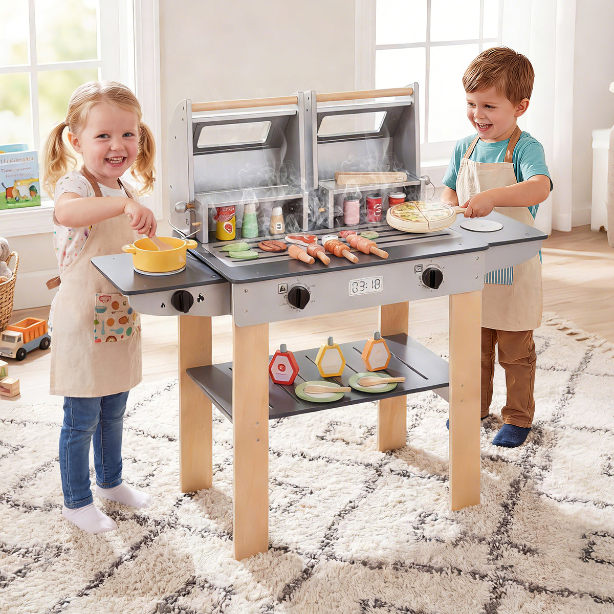 Two children playing with the wooden barbecue grill playset in a living room