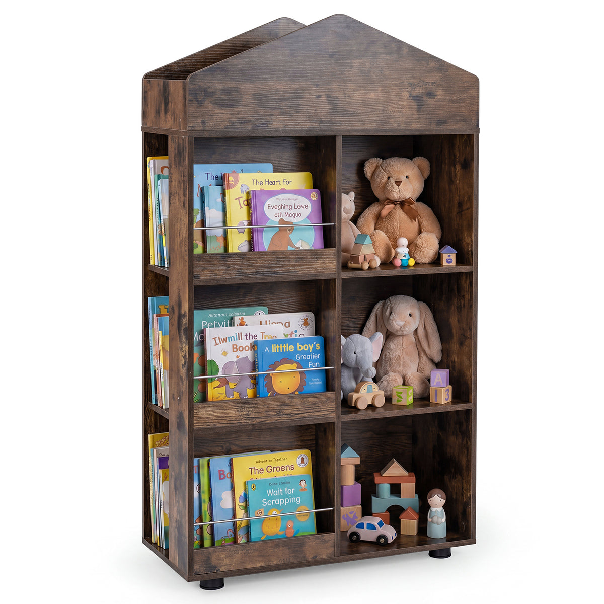 Close up of the coffee coloured wooden kids storage unit filled with books and toys