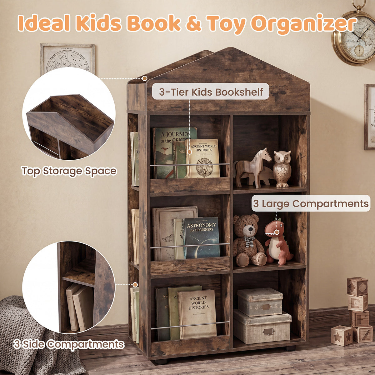 The kids bookshelf organiser showing top storage and side compartments