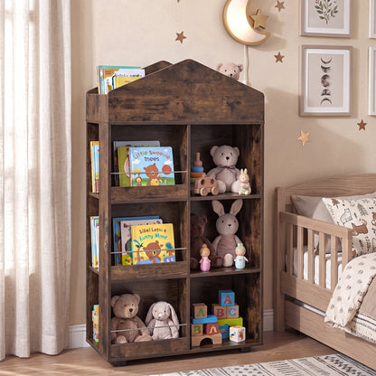 The kids storage unit filled with books and toys in a nursery room setting