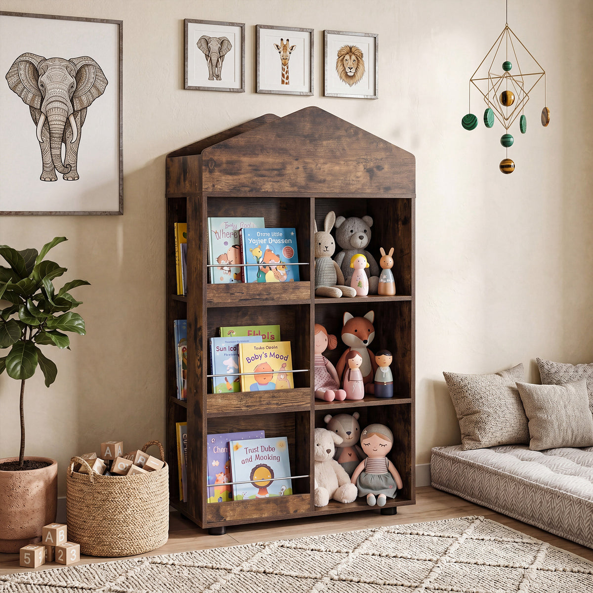 This kids storage unit is shown in a child's bedroom with wall art and a rug