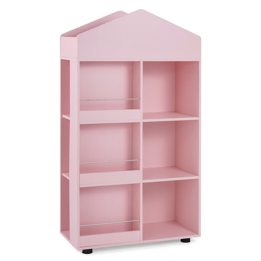 Wooden Kids Bookshelf and Toy Storage with Multiple Compartments in pink with a house shaped top