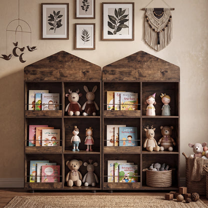 Two coffee coloured wooden kids storage units placed side by side in a room