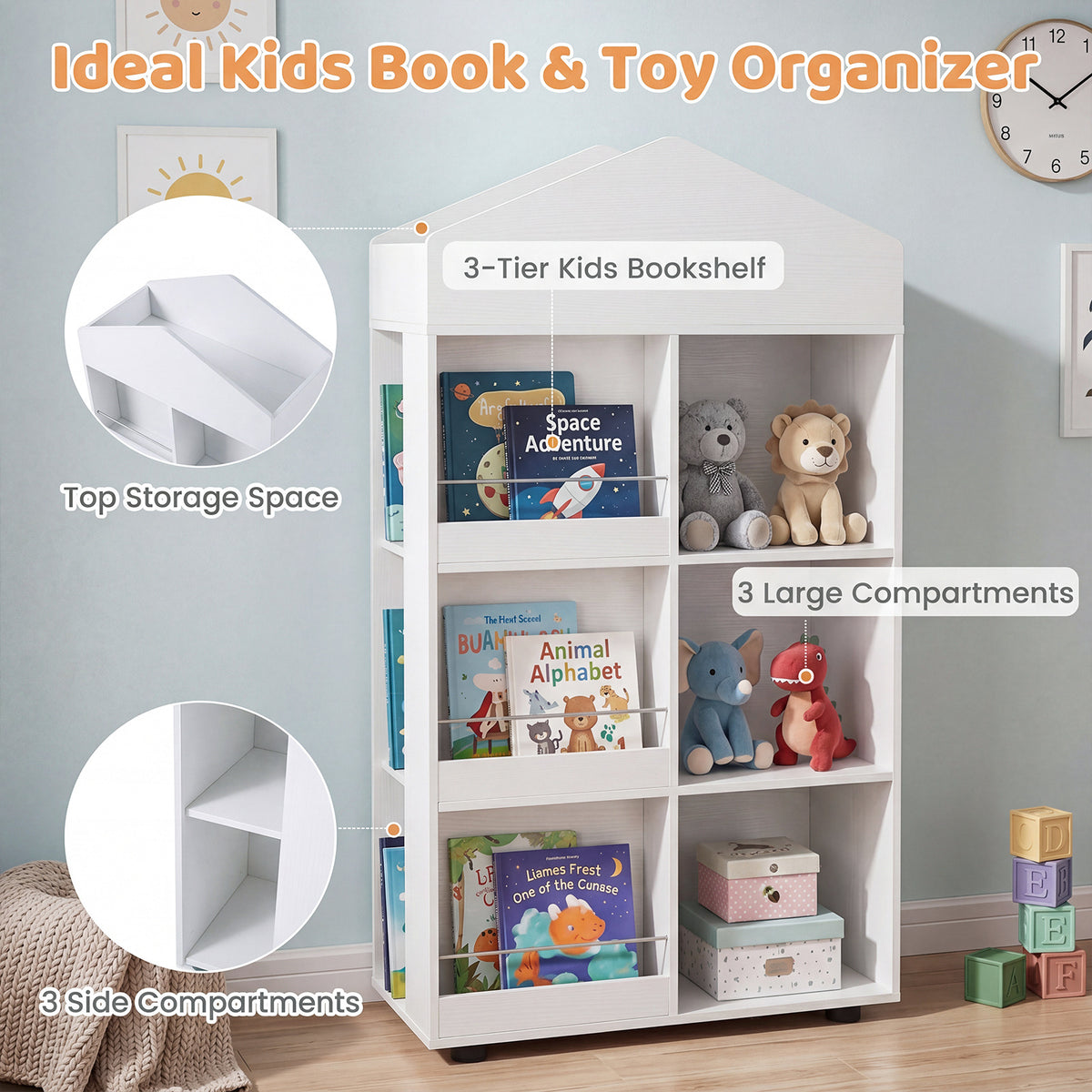 Close-up of the white kids storage unit showing its compartments and shelves