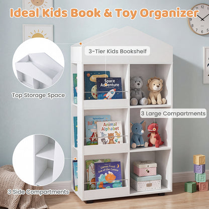 Close-up of the white kids storage unit showing its compartments and shelves