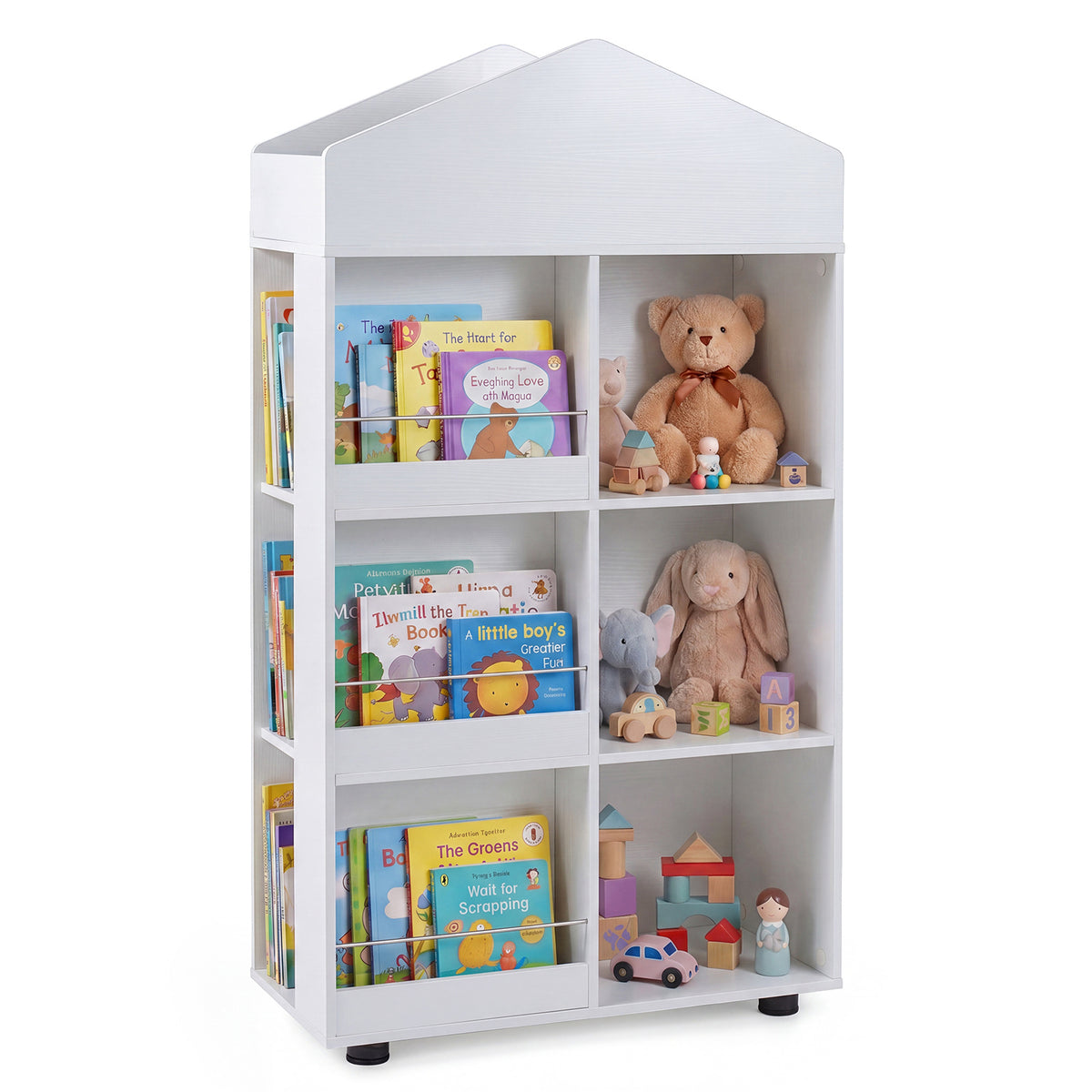 A white kids storage unit filled with books and toys, showing its multiple compartments