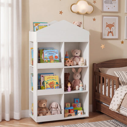 This white kids storage unit is filled with books and soft toys in a nursery setting