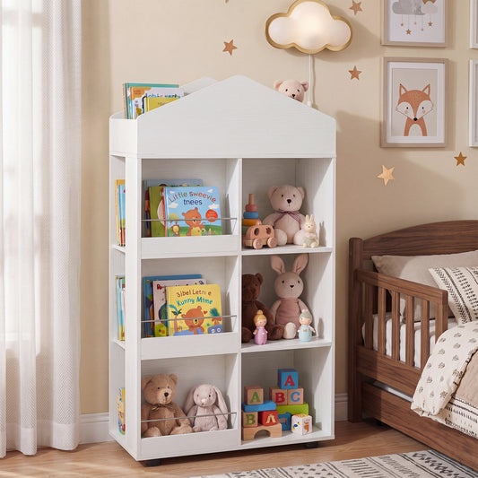This white kids storage unit is filled with books and soft toys in a nursery setting