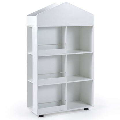 Wooden Kids Bookshelf and Toy Storage with Multiple Compartments, a white unit with shelves and compartments