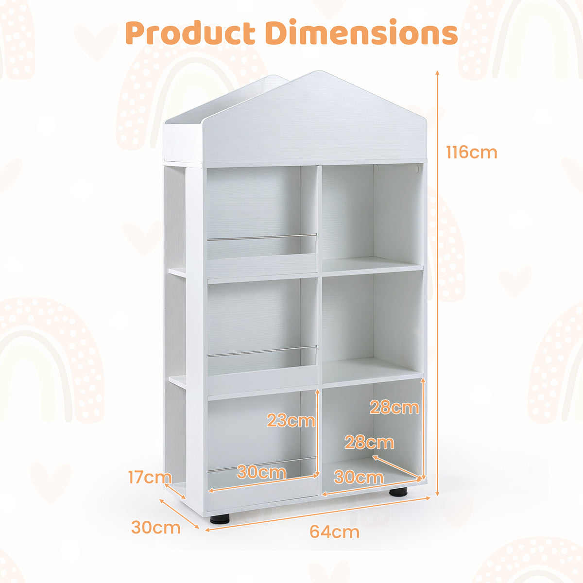 Product dimensions diagram for the white kids storage unit