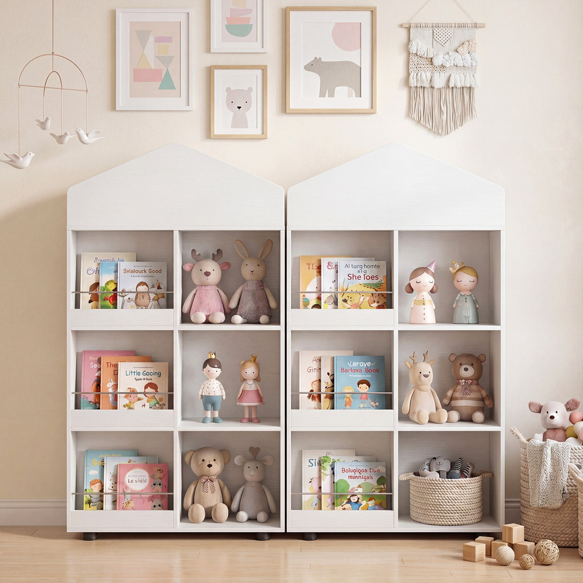 Two white kids storage units are shown side by side in a room setting