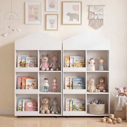 Two white kids storage units are shown side by side in a room setting