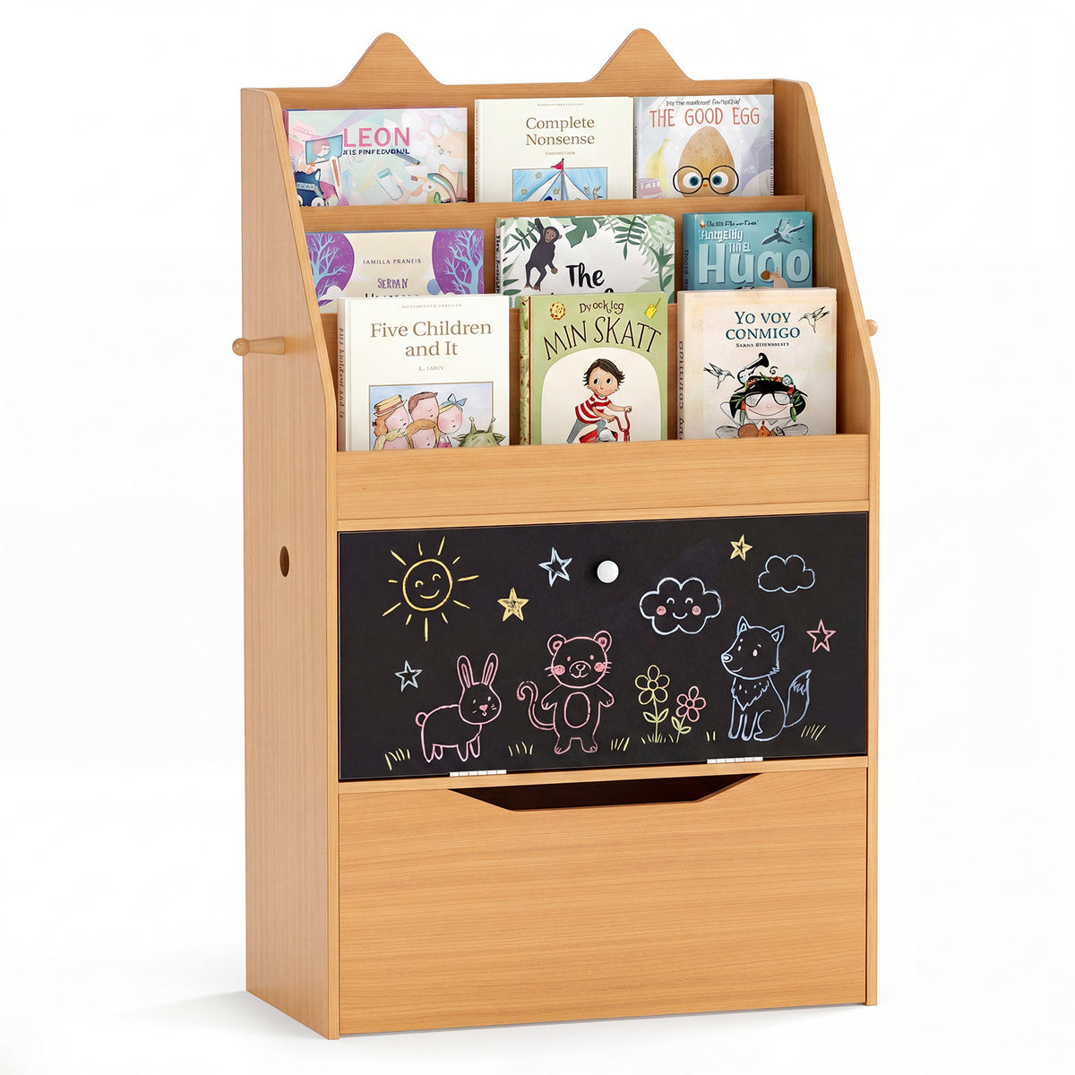 The wooden kids storage unit with books on the shelves and chalk drawings on the board