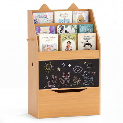 The wooden kids storage unit with books on the shelves and chalk drawings on the board