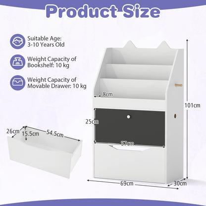 The white kids storage unit with dimensions and the separate drawer shown next to it