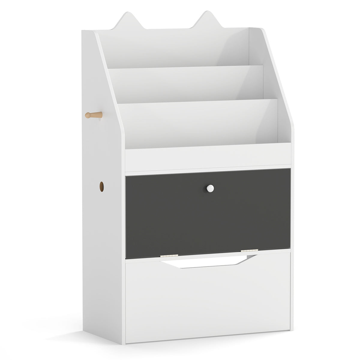 Wooden Kids Bookshelf with movable drawer and chalkboard in white, front view