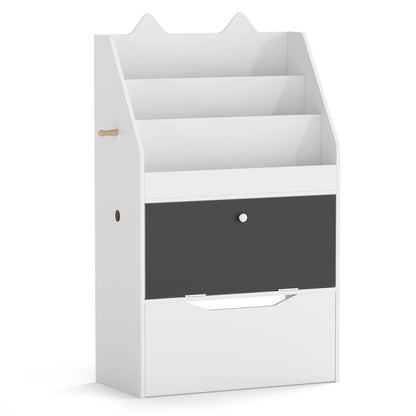 Wooden Kids Bookshelf with movable drawer and chalkboard in white, front view