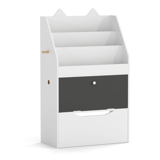 Wooden Kids Bookshelf with movable drawer and chalkboard in white, front view