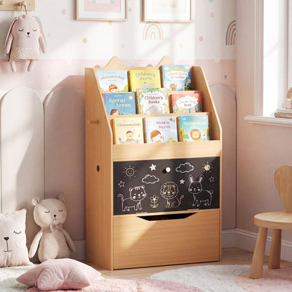 The natural wood kids storage unit with chalkboard and drawer filled with books
