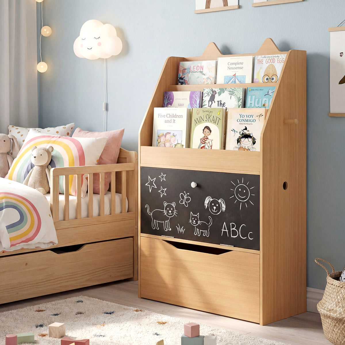 The kids storage unit filled with books and decorated with chalk drawings in a nursery