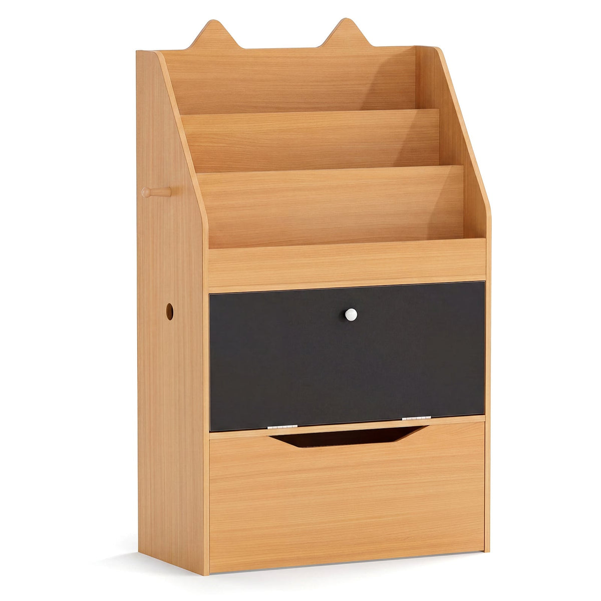 Wooden Kids Bookshelf with movable drawer and chalkboard in natural wood finish