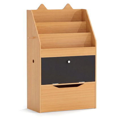 Wooden Kids Bookshelf with movable drawer and chalkboard in natural wood finish