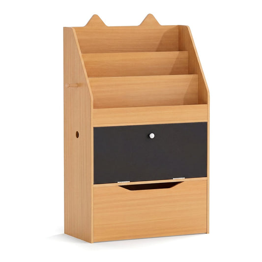 Wooden Kids Bookshelf with movable drawer and chalkboard in natural wood finish