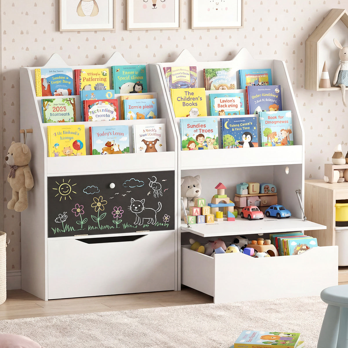 Two white kids storage units side by side, one with open drawer and cupboard