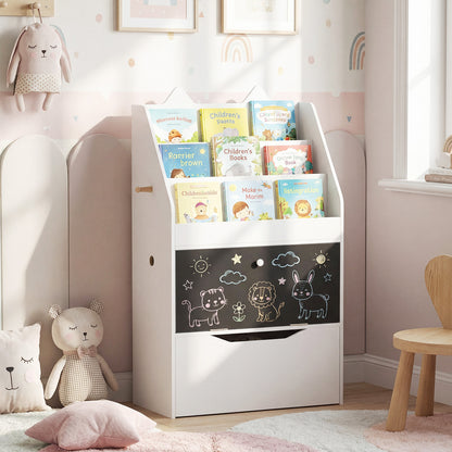 White kids storage unit with chalkboard and drawer, filled with books and toys