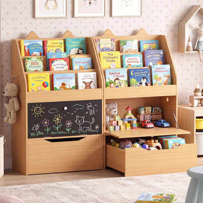 Two wooden kids storage units side by side, one with its drawer open showing toys