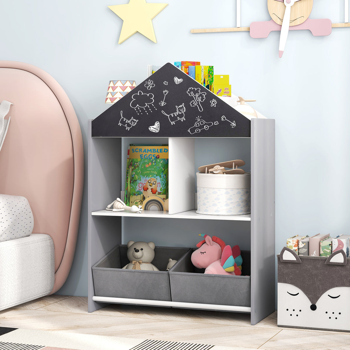 The kids storage organiser in a child's bedroom with other toys