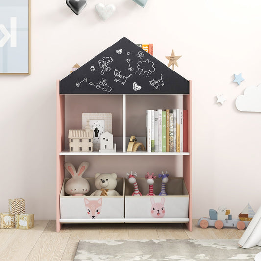The kids storage unit filled with toys and books, showing the chalkboard top