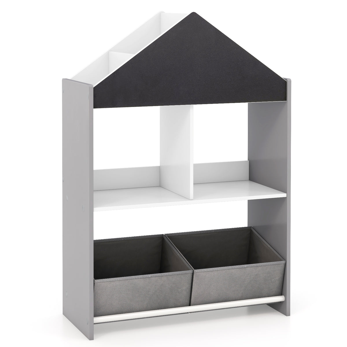 Wooden Kids Dollhouse Bookshelf Toy Storage Organizer with Chalkboard, a grey unit with two fabric storage bins and shelves