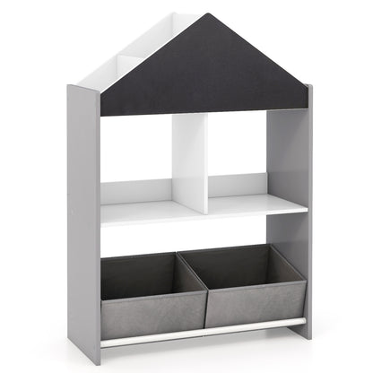 Wooden Kids Dollhouse Bookshelf Toy Storage Organizer with Chalkboard, a grey unit with two fabric storage bins and shelves