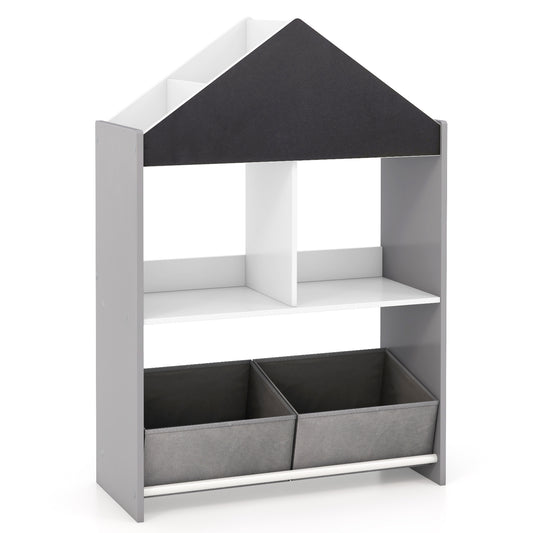 Wooden Kids Dollhouse Bookshelf Toy Storage Organizer with Chalkboard, a grey unit with two fabric storage bins and shelves