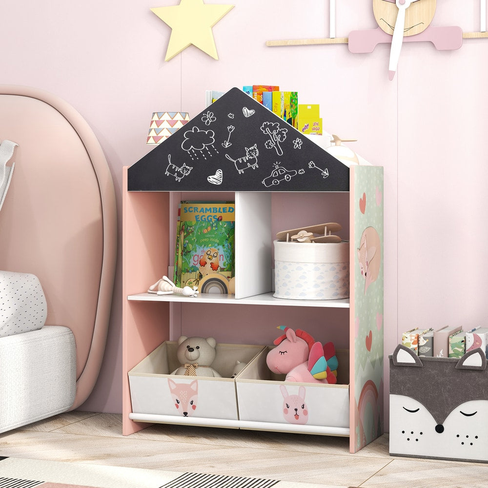 The pink kids storage unit placed in a child's bedroom with other toys