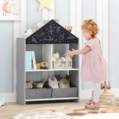 A young girl reaching for toys on the kids storage unit in a nursery